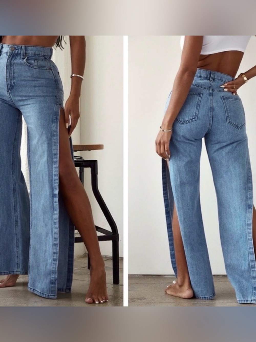 PrettyLittleThing Light Blue High-Slit Flared Jeans